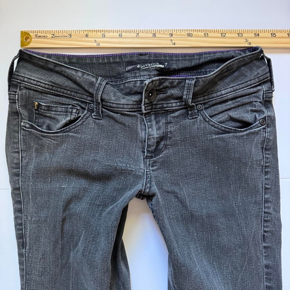Lovesick Y2K Low Rise Bootcut Jeans Black Purple Stitching Size 7 28 Waist - Picture 4 of 6